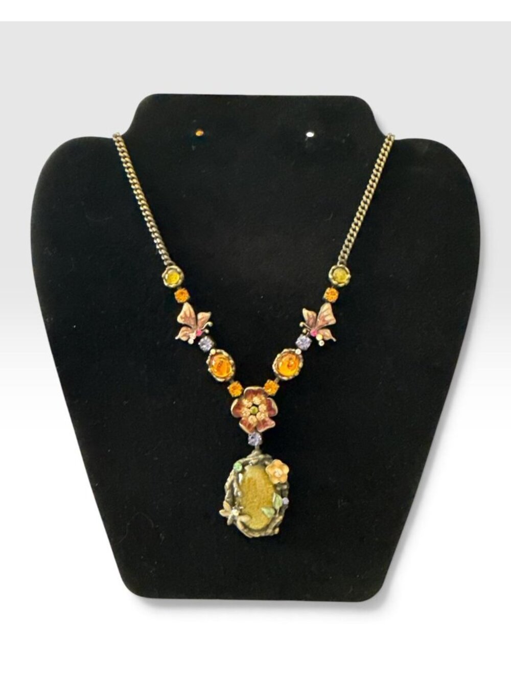Vintage Inspired Floral Pendant Necklace Butterfly Details Adjustable Brass Tone